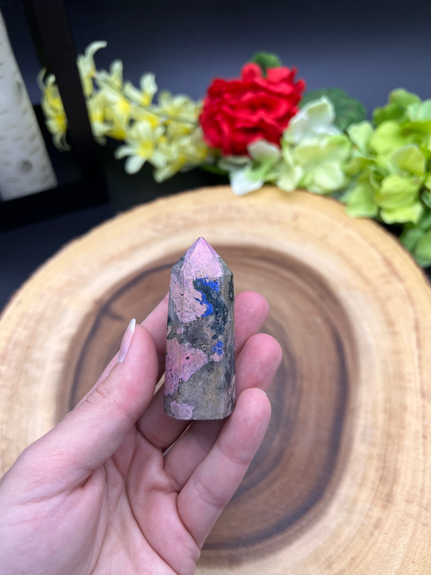 SALROSE AKA COBALTO CALCITE POINT WITH AZURITE HAS NIC IN TIP