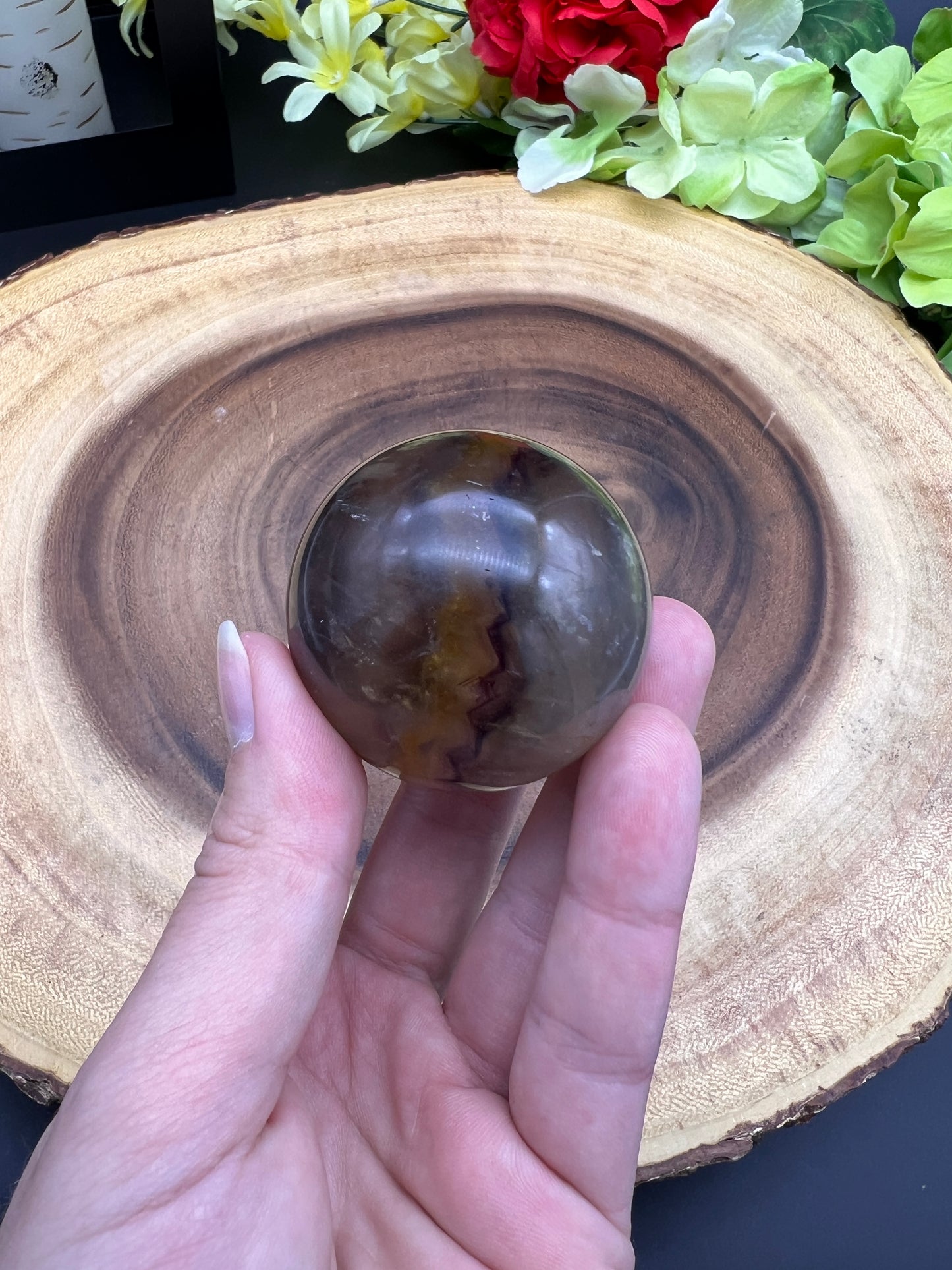 YELLOW RAINBOW FLUORITE SPHERE WITH MICA - 44.8MM