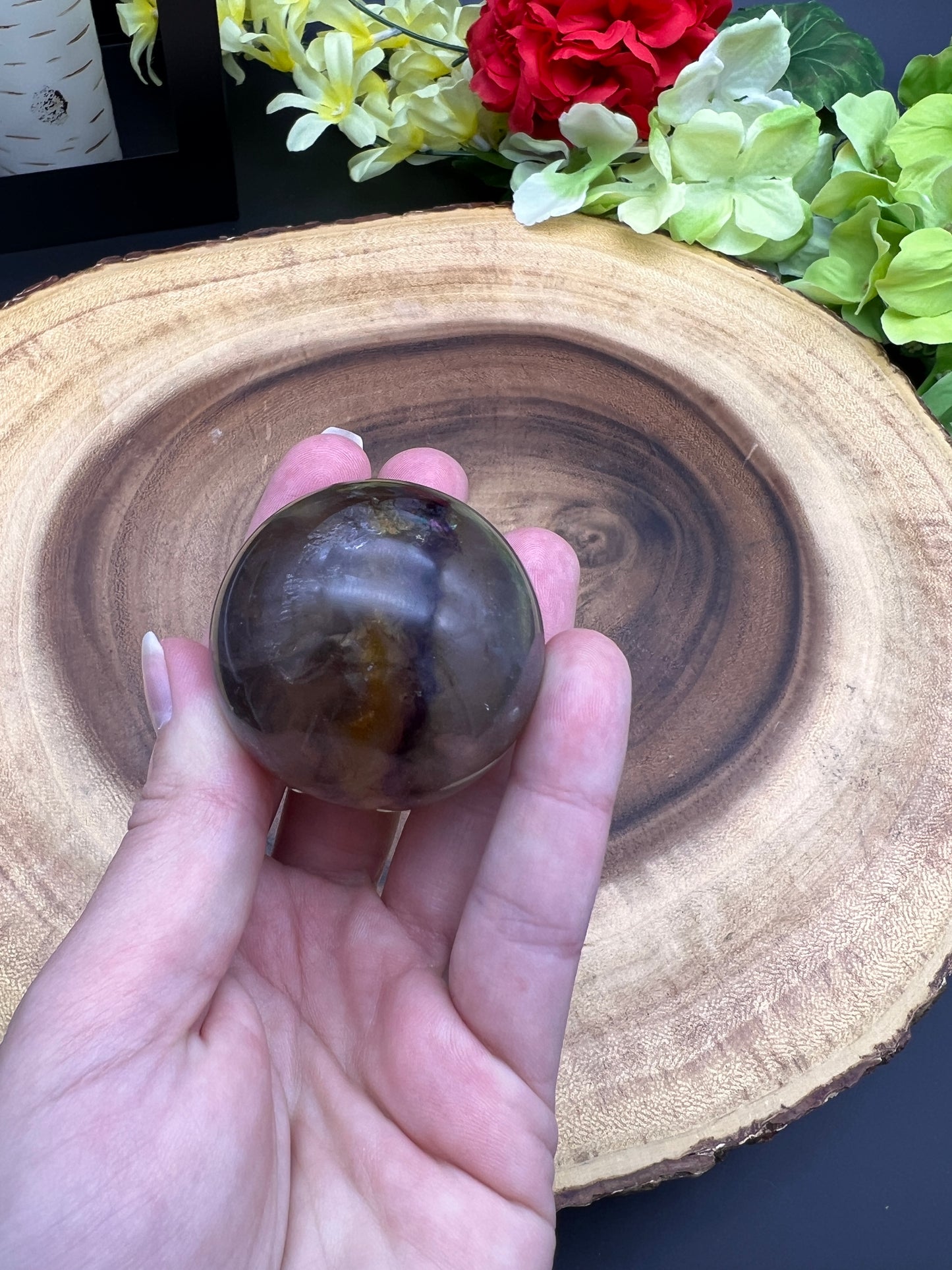 YELLOW RAINBOW FLUORITE SPHERE WITH MICA - 44.8MM