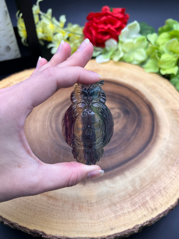 RAINBOW FLOURITE OWL SKULL CARVING