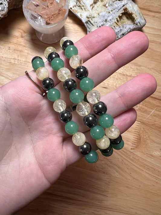 8MM GREEN AVENTURINE, HEMATITE & CITRINE BRACELET