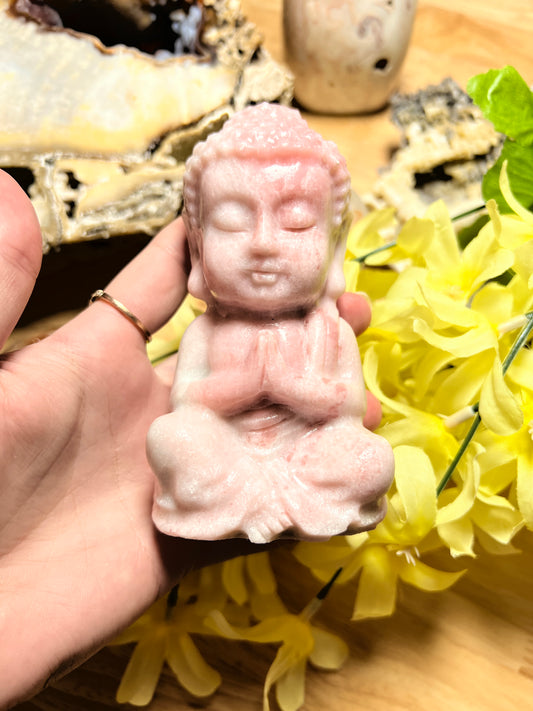 LARGE HIGH POLISHED GRADE PINK OPAL PRAYING BUDDHA