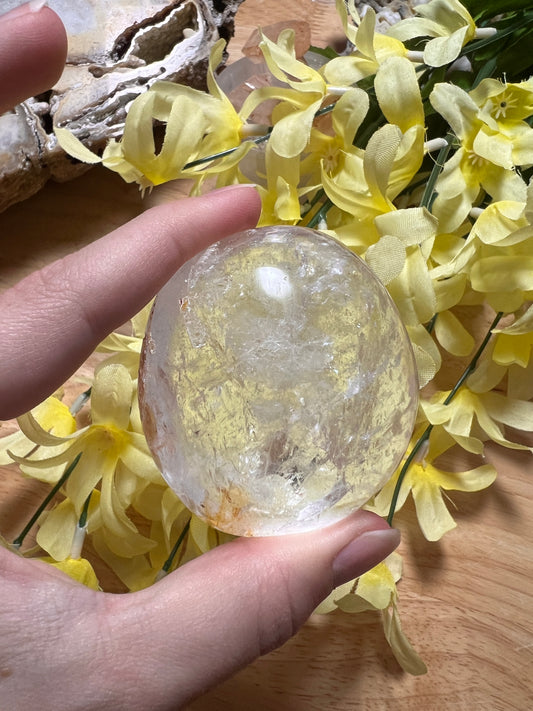 BRAZILIAN CLEAR QUARTZ PALMSTONE WITH GOLDEN HEALER