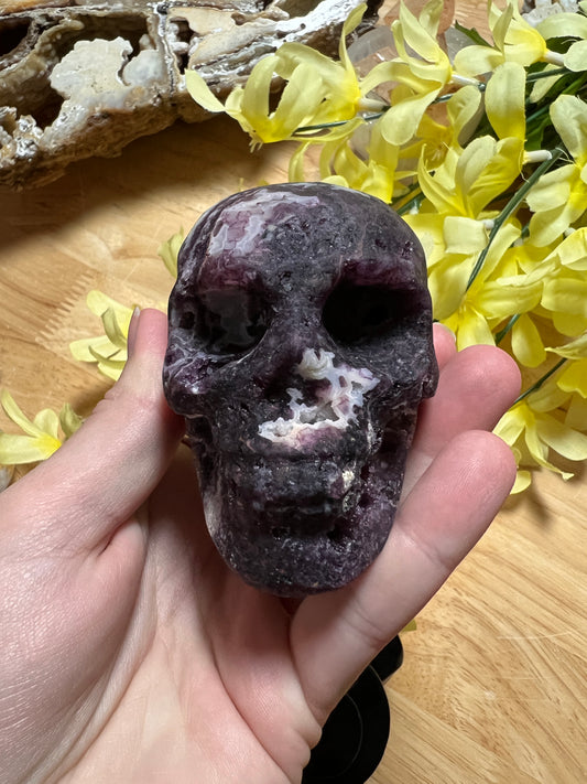 PURPLE FLUORITE SKULL WITH DRUZY QUARTZ